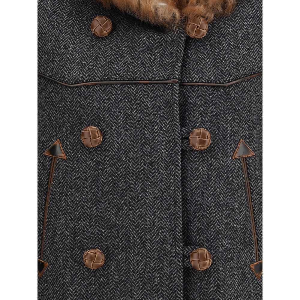 Prada Gray Fleece Wool Coat with Shearling Trim
