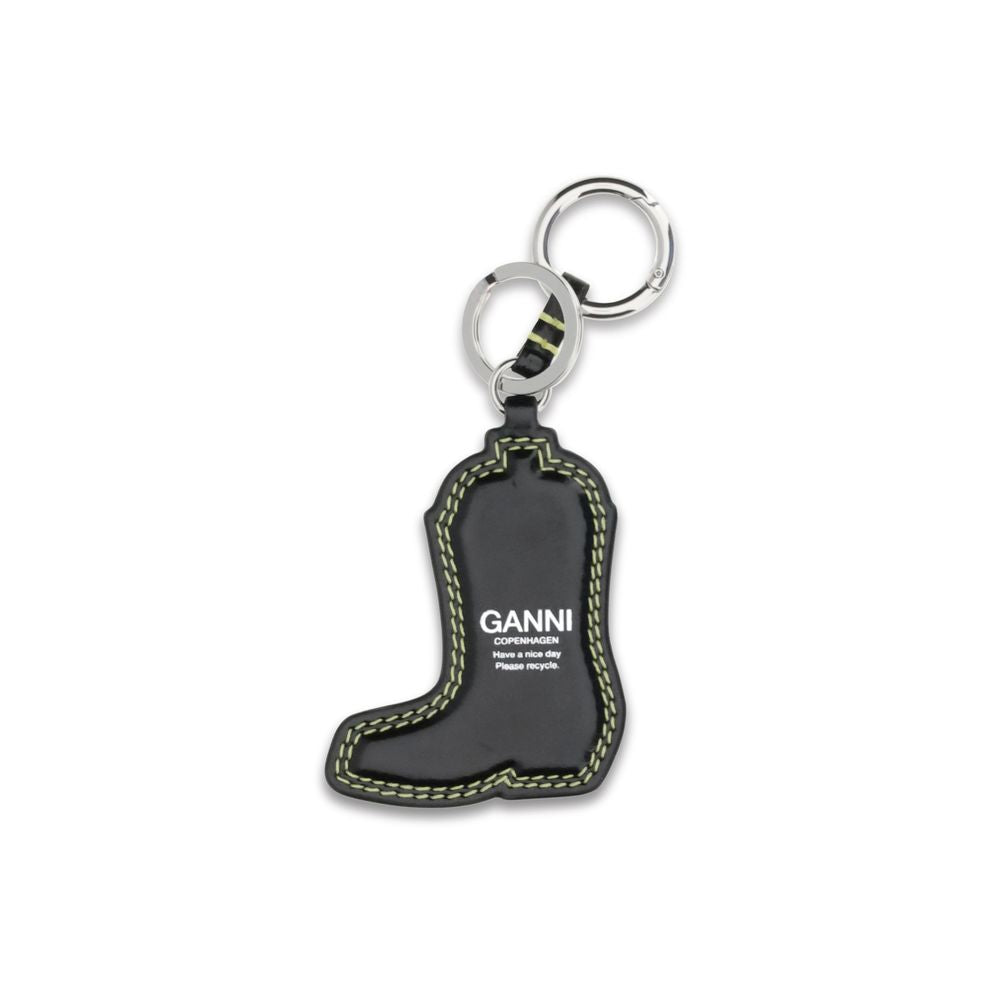 Ganni Black Recycled Leather Keychain - Western Boot Design