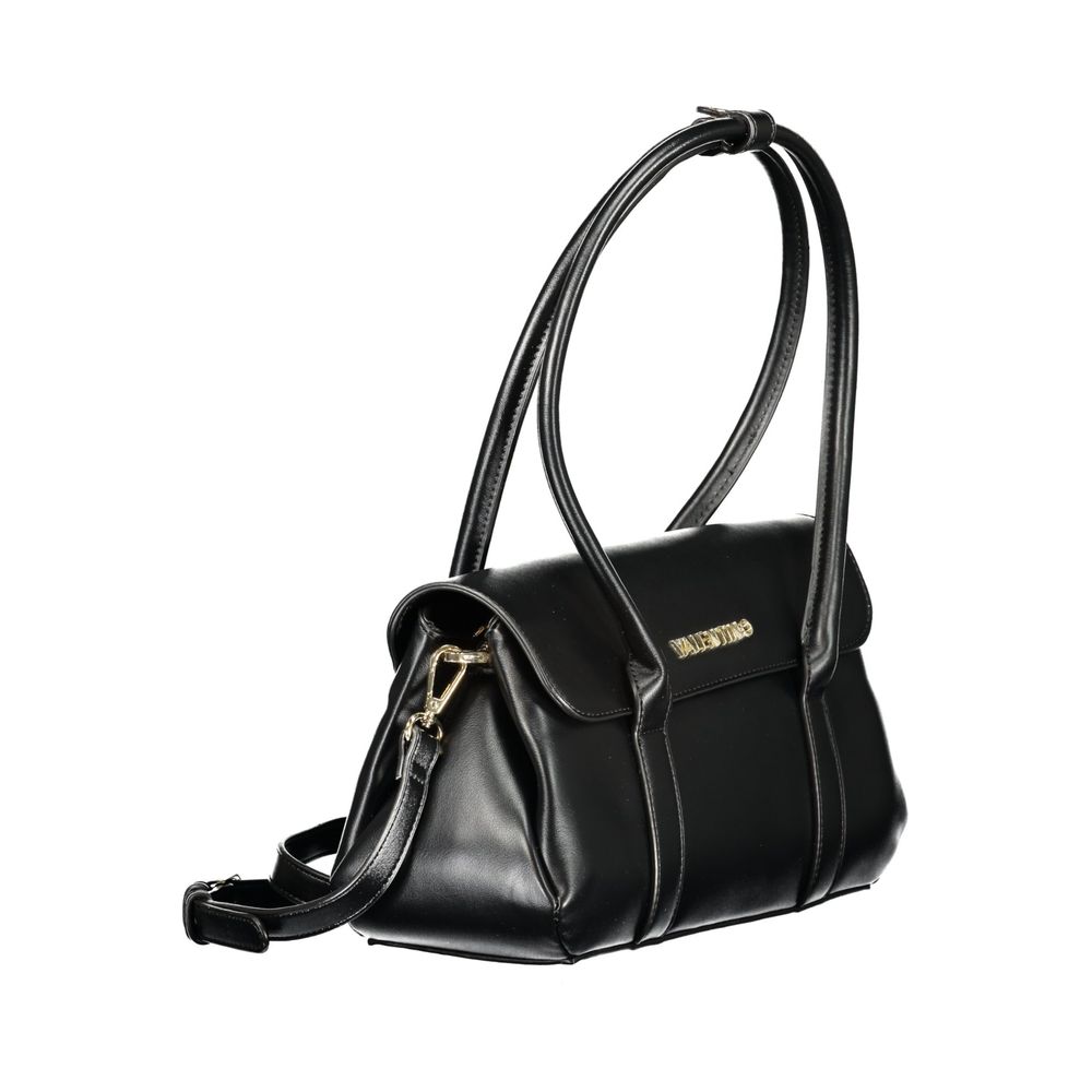 Mario Valentino Black Grained Leather Shoulder Bag with Gold Hardware