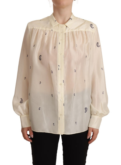 Aspesi Off White 100% Silk Long Sleeves Collared Top Blouse