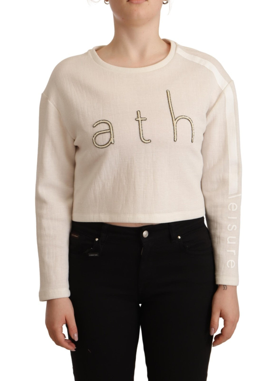 PINKO Beige Logo Long Sleeve Cropped Pullover Sweater