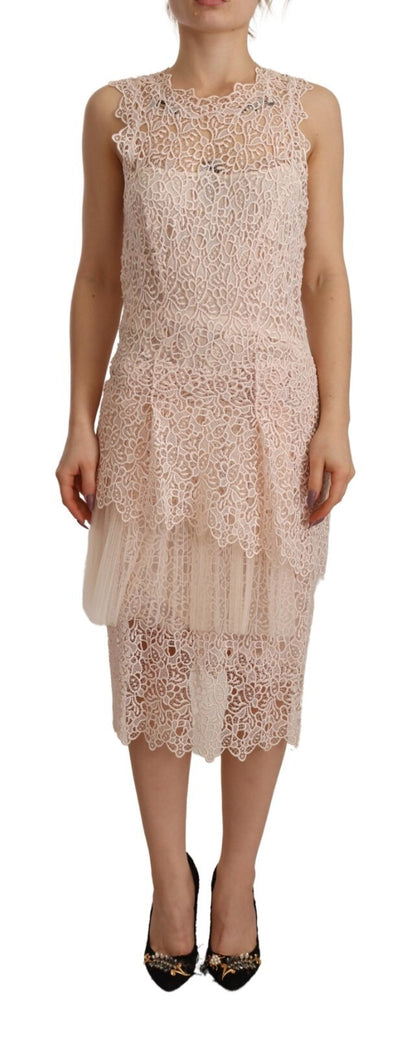 Ermanno Scervino Sheath Tiered Beige Viscose Sleeveless Midi Dress