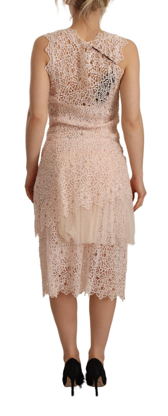 Ermanno Scervino Sheath Tiered Beige Viscose Sleeveless Midi Dress