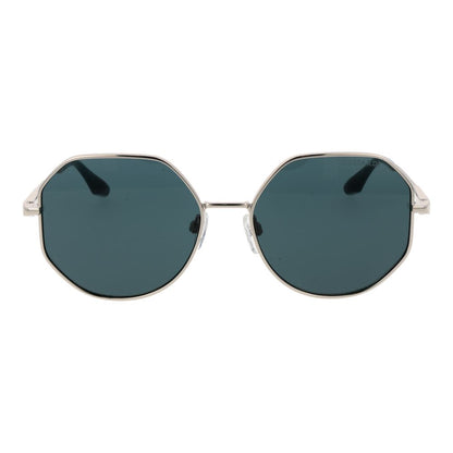 Trussardi Women’s Sunglasses – Silver Full-Rim Frame, Turquoise Lenses