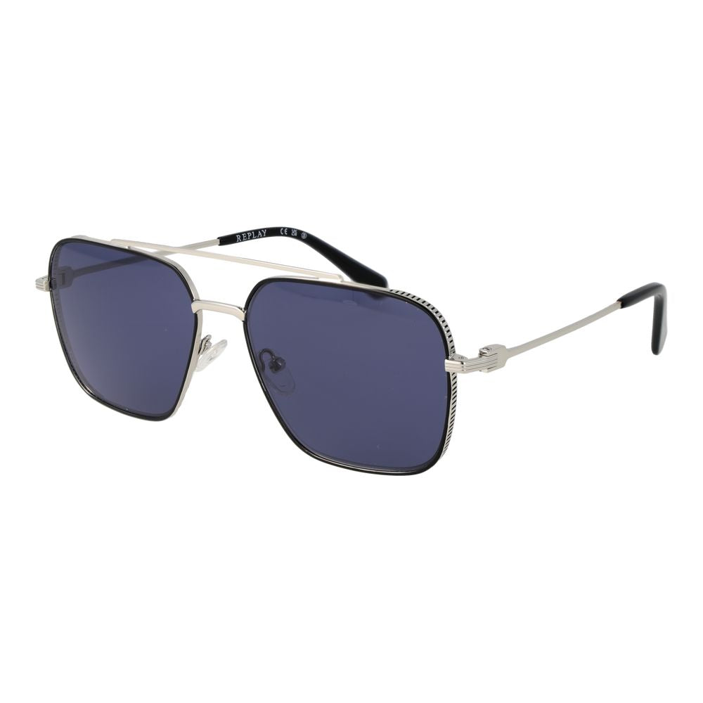 Replay Men’s Silver Metal Sunglasses – Full-Rim Square Frame, Blue Lenses