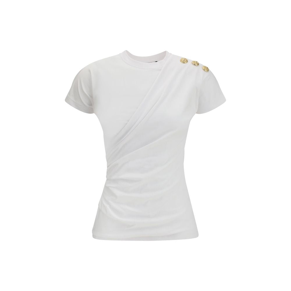 Balmain White Cotton T-Shirt with Signature Lion Head Buttons