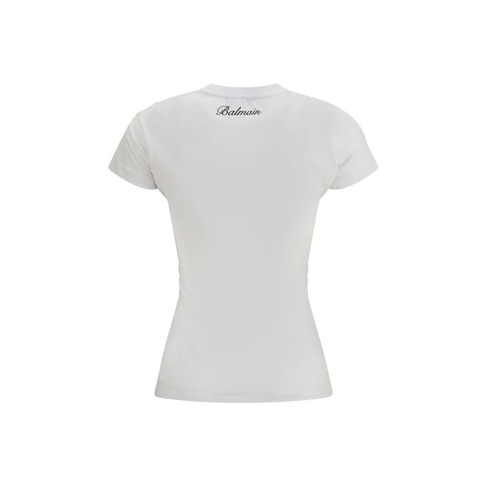 Balmain White Cotton T-Shirt with Signature Lion Head Buttons