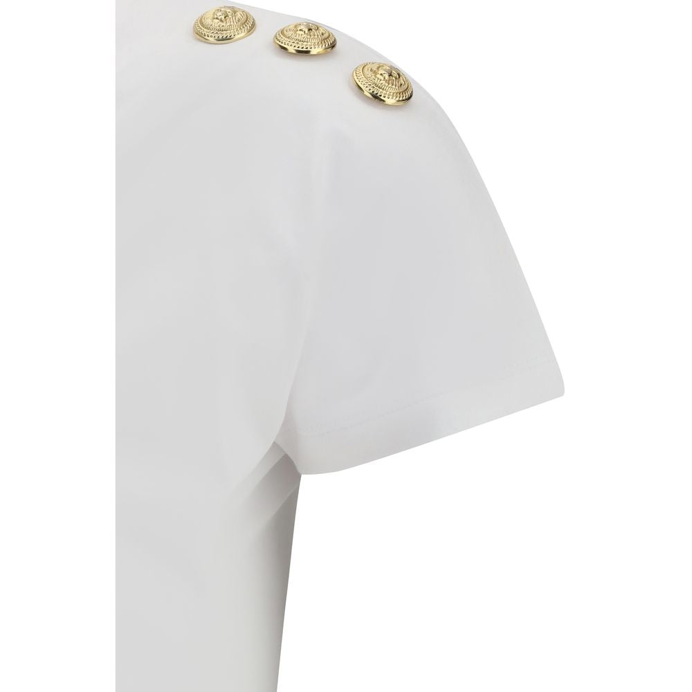 Balmain White Cotton T-Shirt with Signature Lion Head Buttons