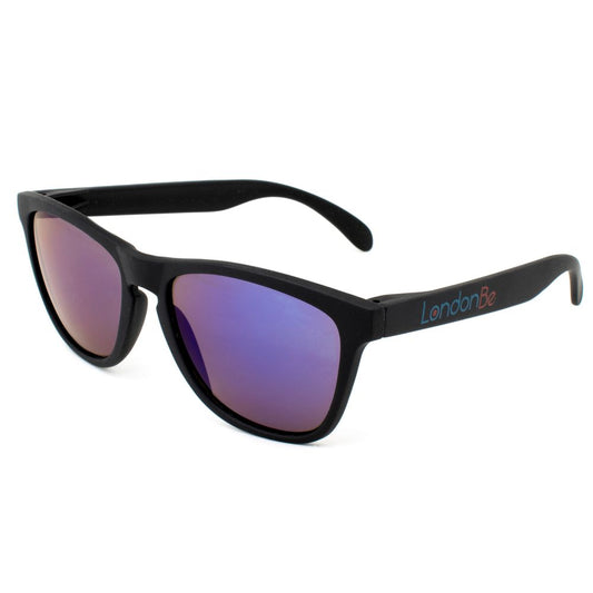 LONDONBE Unisex Black Injected Sunglasses with Mirror Blue Lenses