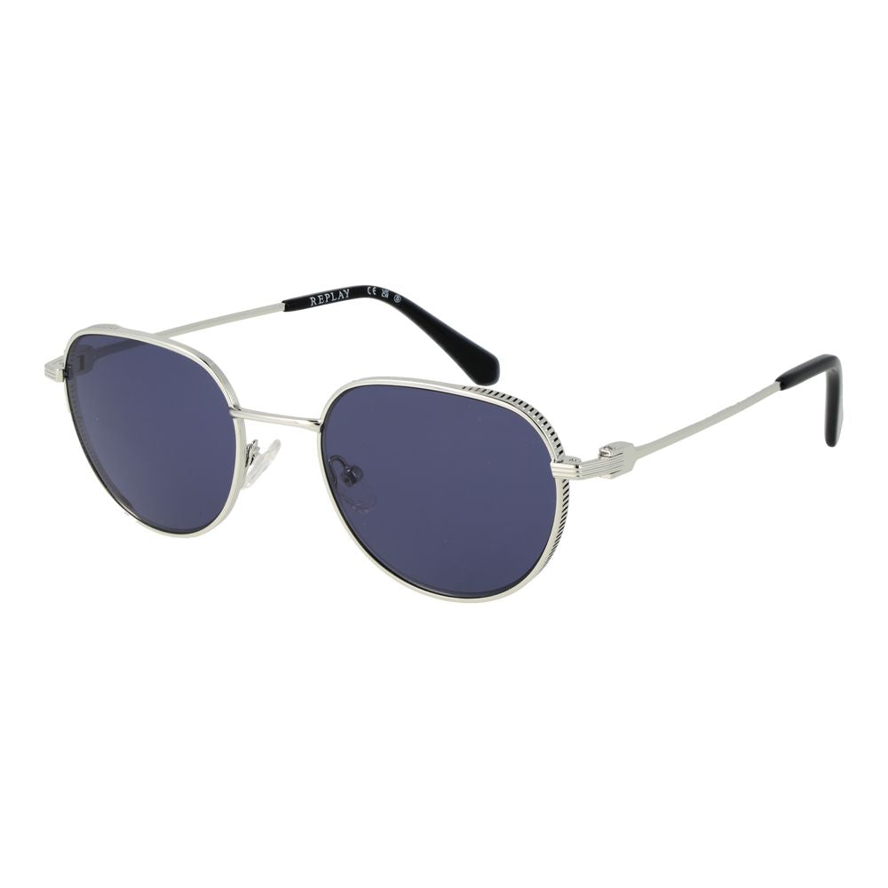 Replay Unisex Sunglasses – Silver Full-Rim Frame, Blue Lenses