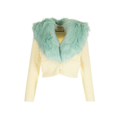 Gucci White Wool Cardigan with Faux Fur Collar