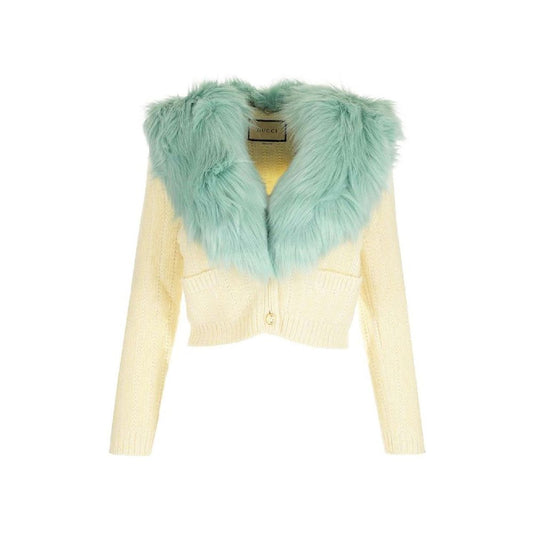Gucci White Wool Cardigan with Faux Fur Collar