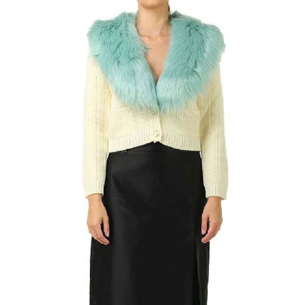 Gucci White Wool Cardigan with Faux Fur Collar