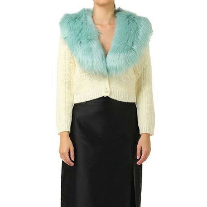 Gucci White Wool Cardigan with Faux Fur Collar