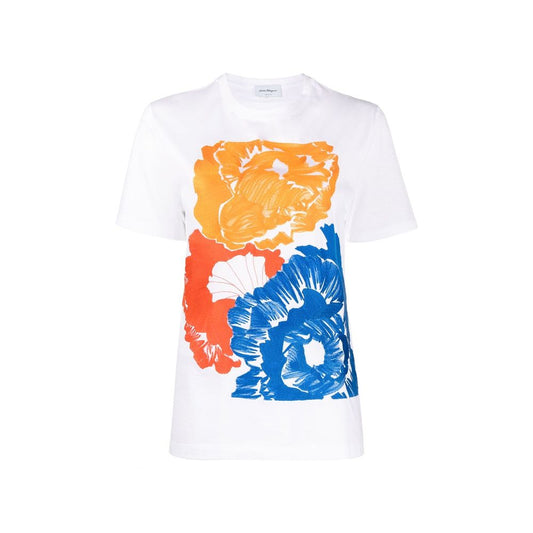 Salvatore Ferragamo White Cotton T-Shirt with Floral Embroidery