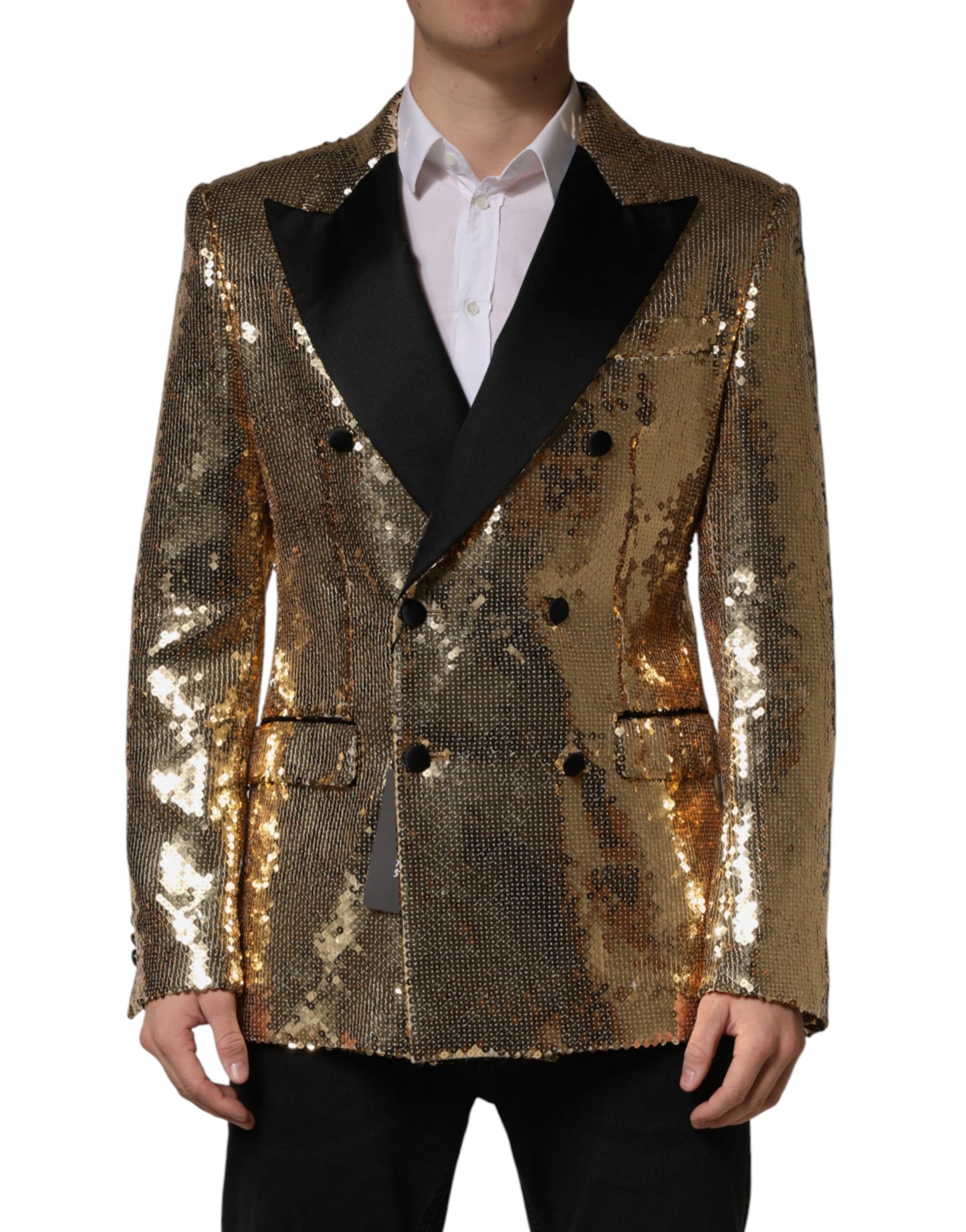 Dolce & Gabbana Gold Sequined Double Breasted Jacket Blazer