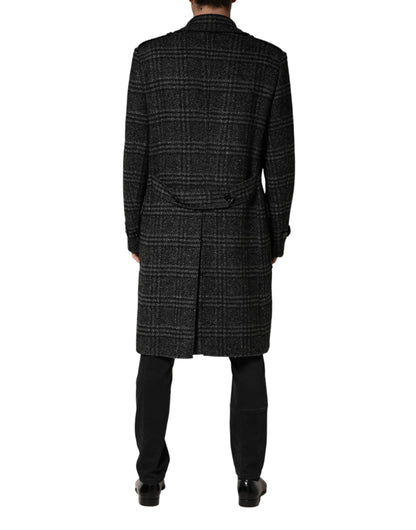 Dolce & Gabbana Grey Double Breasted Plaid Wool Coat Jacket