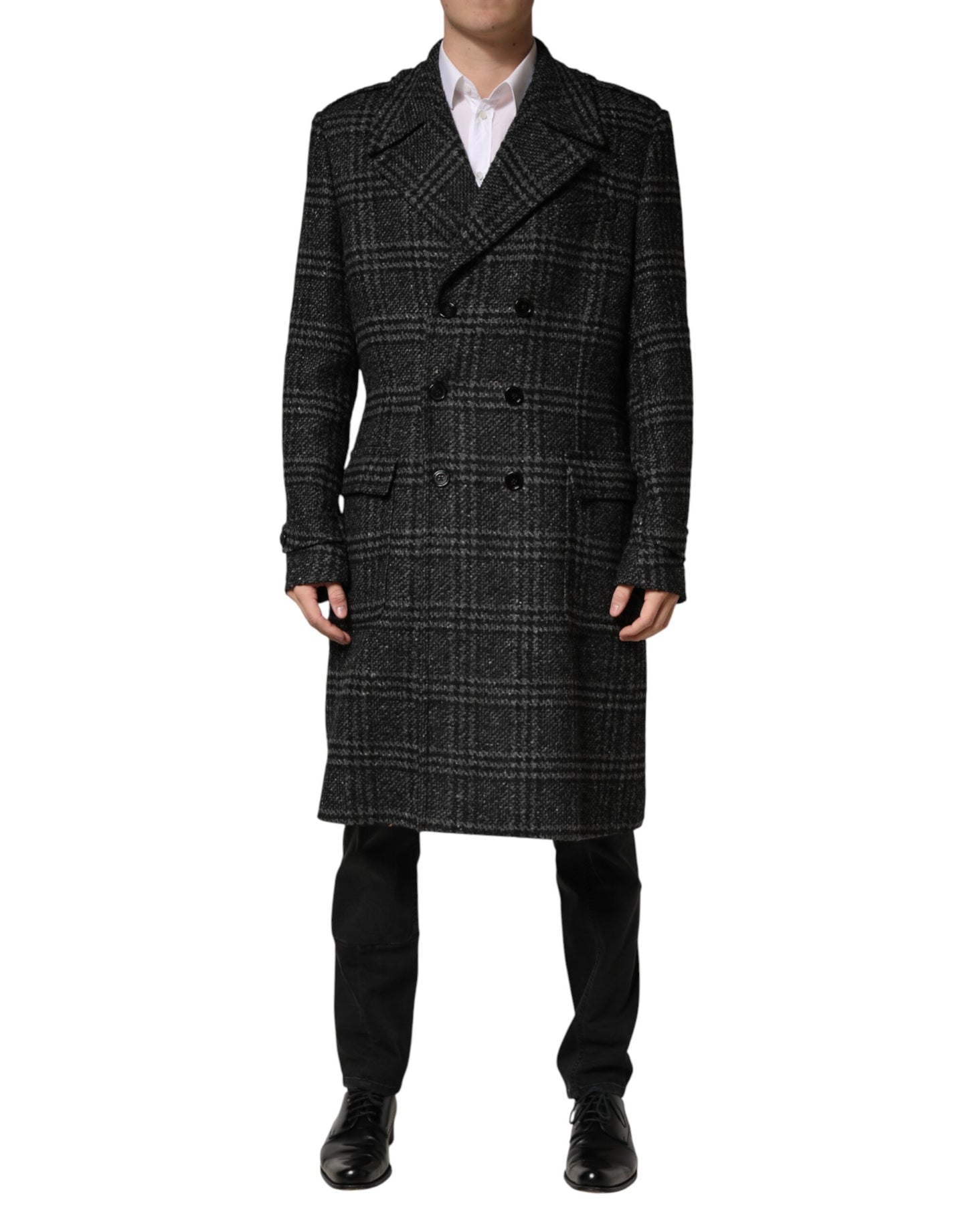 Dolce & Gabbana Grey Double Breasted Plaid Wool Coat Jacket