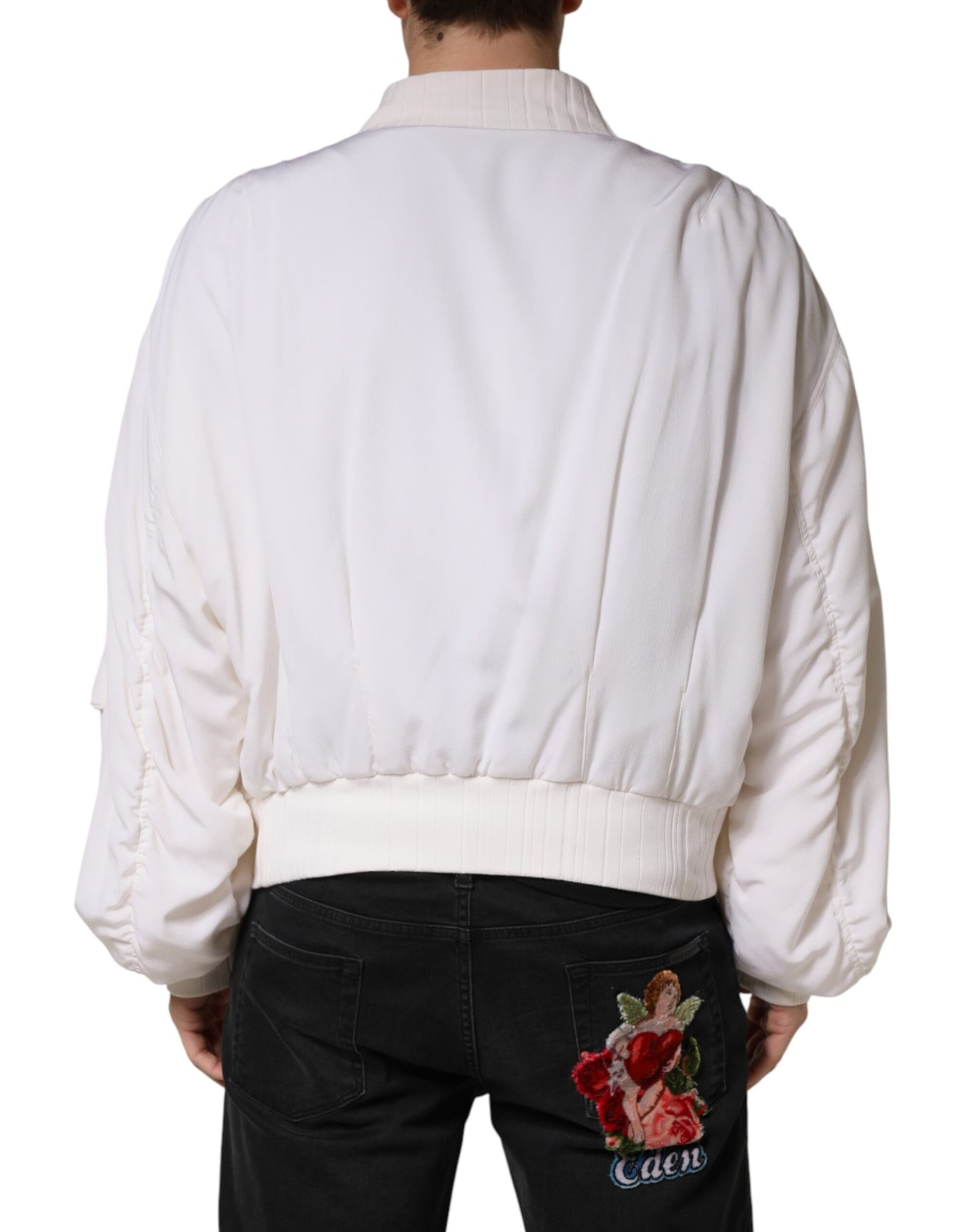 Dolce & Gabbana White Silk Full Zip Bomber Blouson Jacket