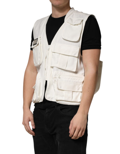 Dolce & Gabbana White Cotton Cargo Men Vest Coat Jacket