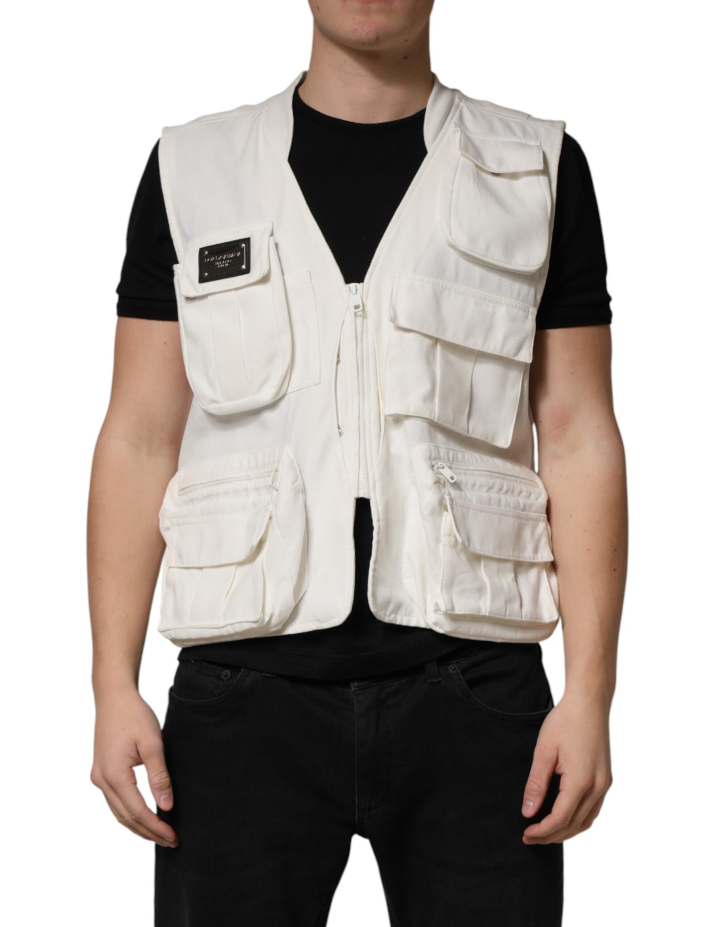 Dolce & Gabbana White Cotton Cargo Men Vest Coat Jacket