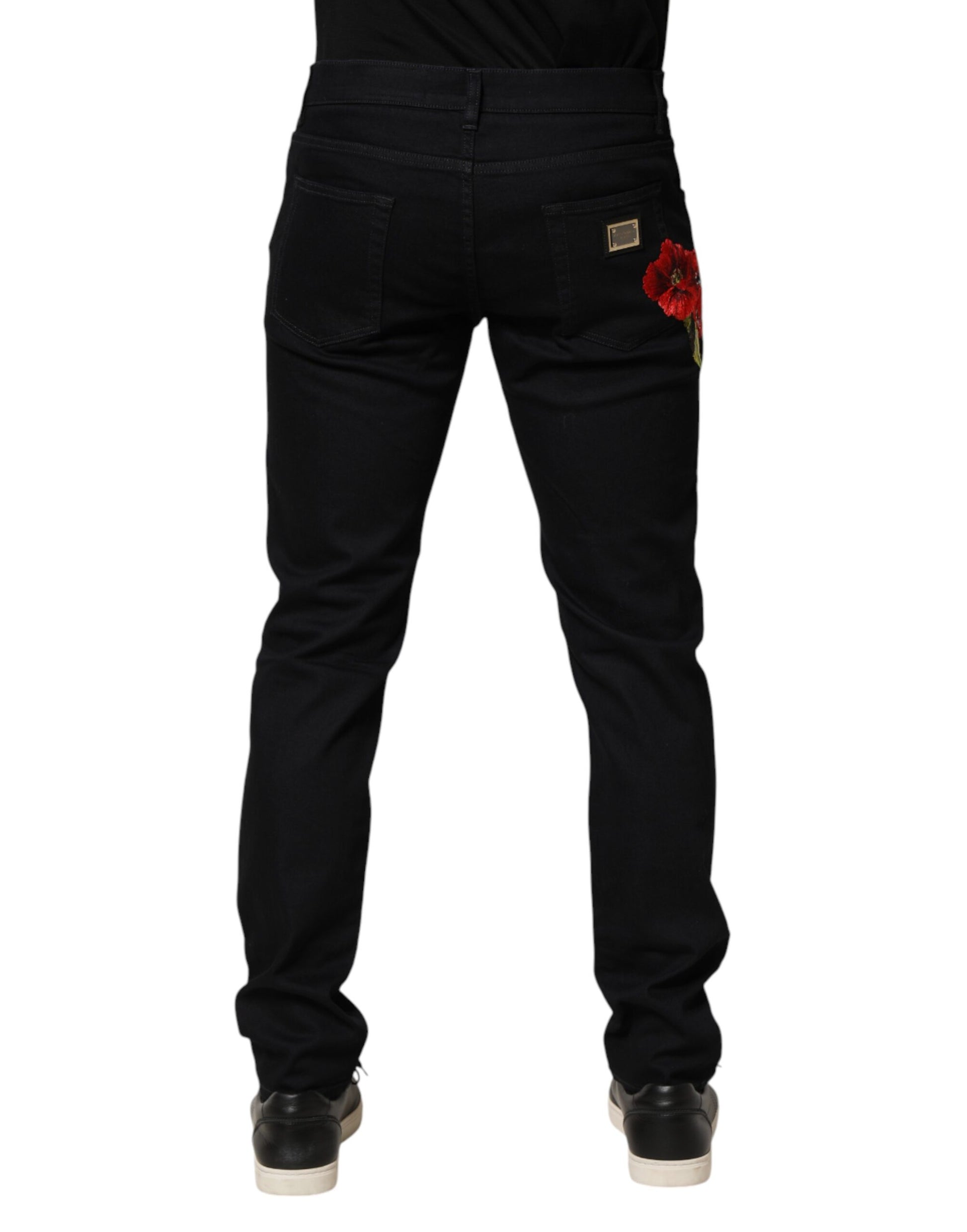 Dolce & Gabbana Black Floral Cotton Skinny Men Denim Jeans