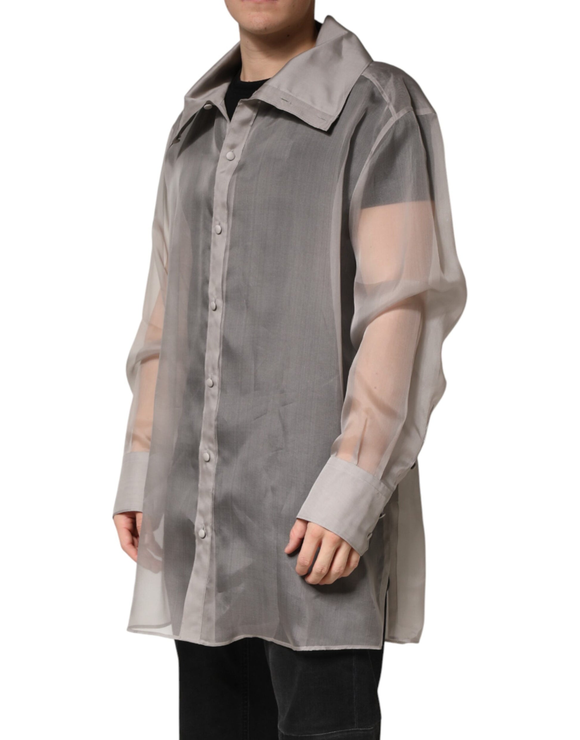 Dolce & Gabbana Gray Sheer Silk Button Front Men Dress Shirt