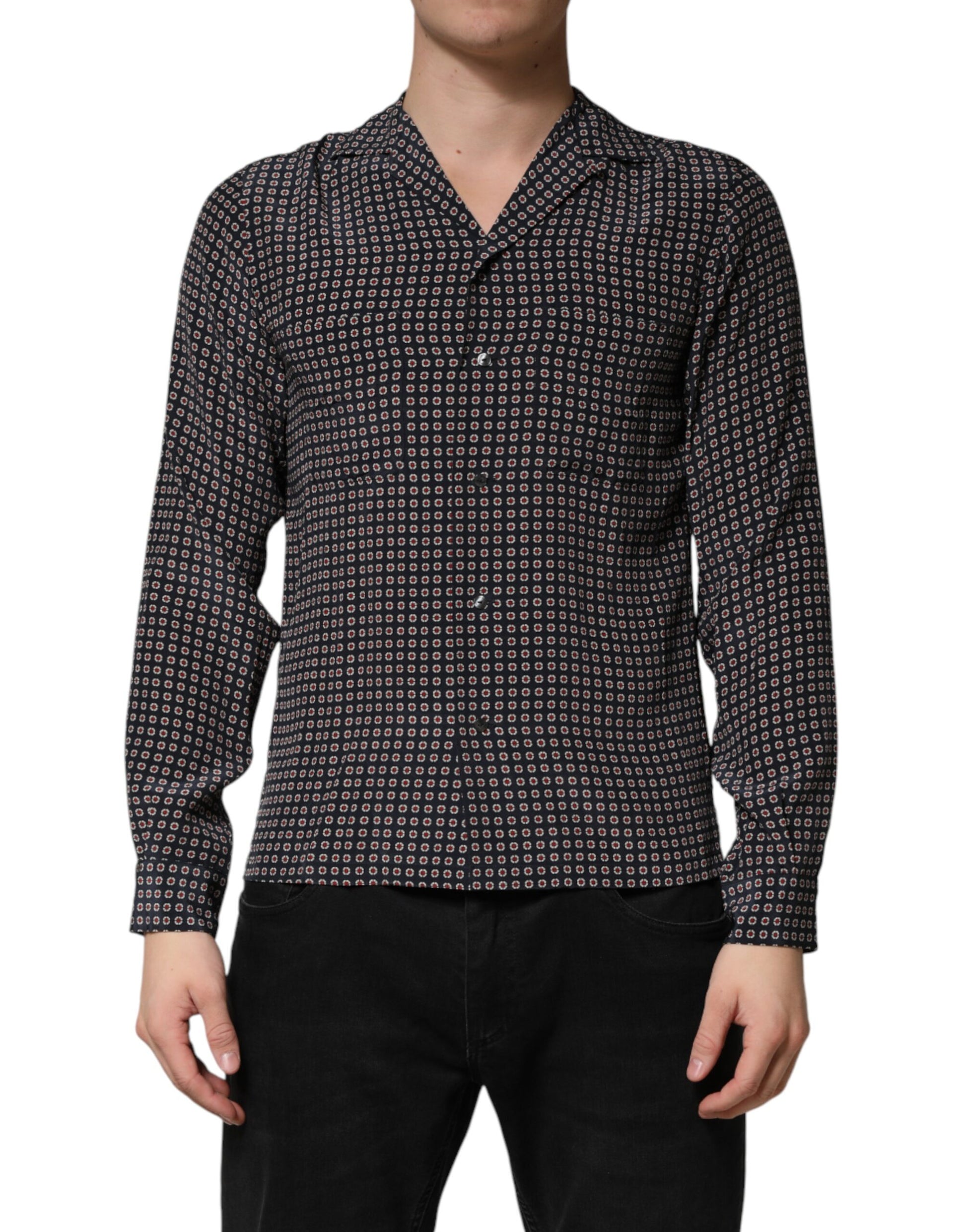 Dolce & Gabbana Black Patterned Silk Men Button Down Shirt