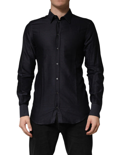 Dolce & Gabbana Black Dotted Cotton Collared GOLD Dress Shirt