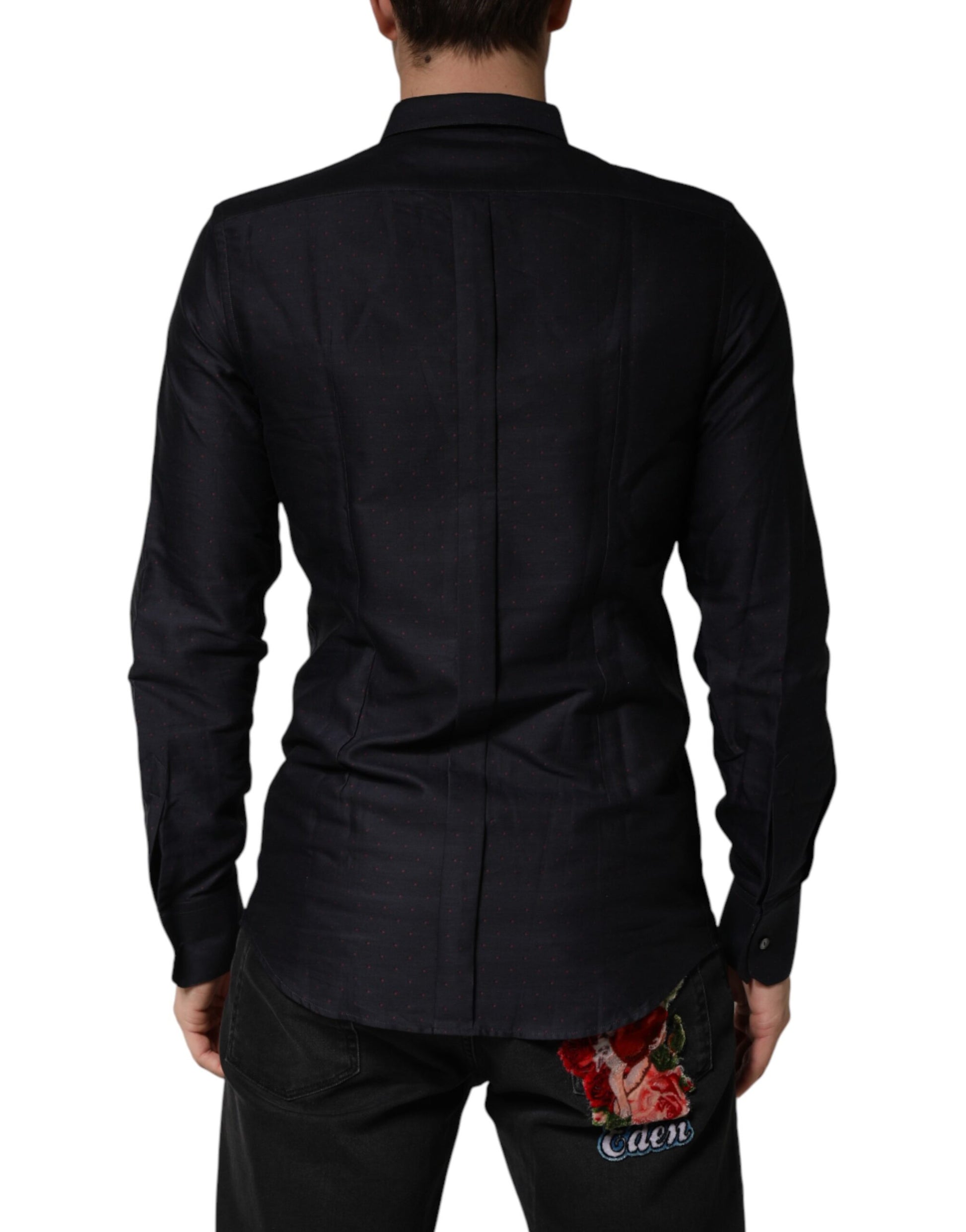 Dolce & Gabbana Black Dotted Cotton Collared GOLD Dress Shirt