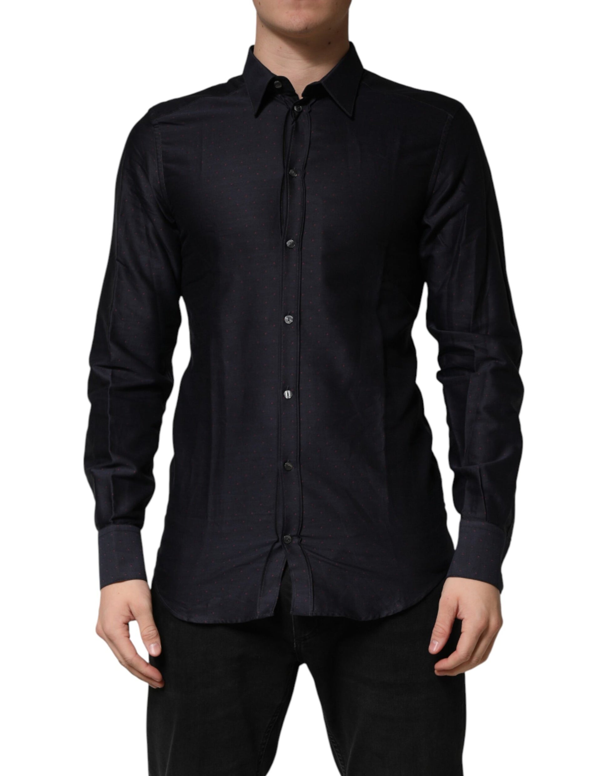 Dolce & Gabbana Black Dotted Cotton Collared GOLD Dress Shirt