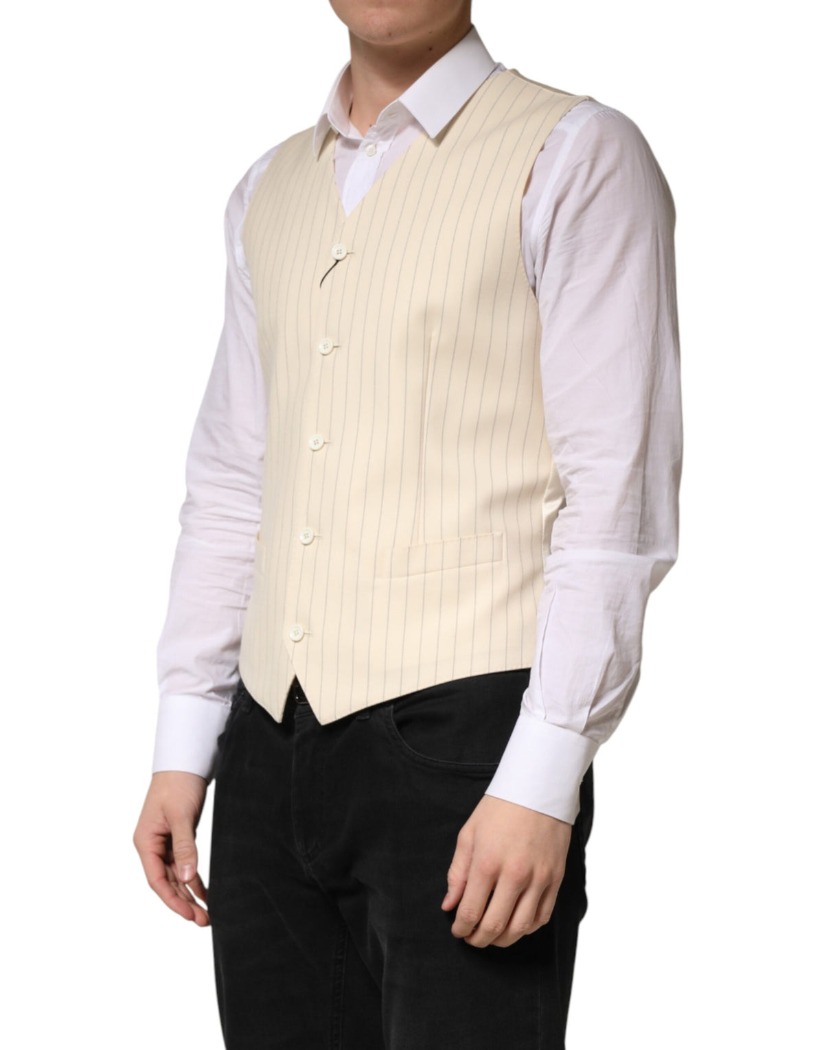 Dolce & Gabbana Beige Stripes Wool Dress Men Waistcoat Vest