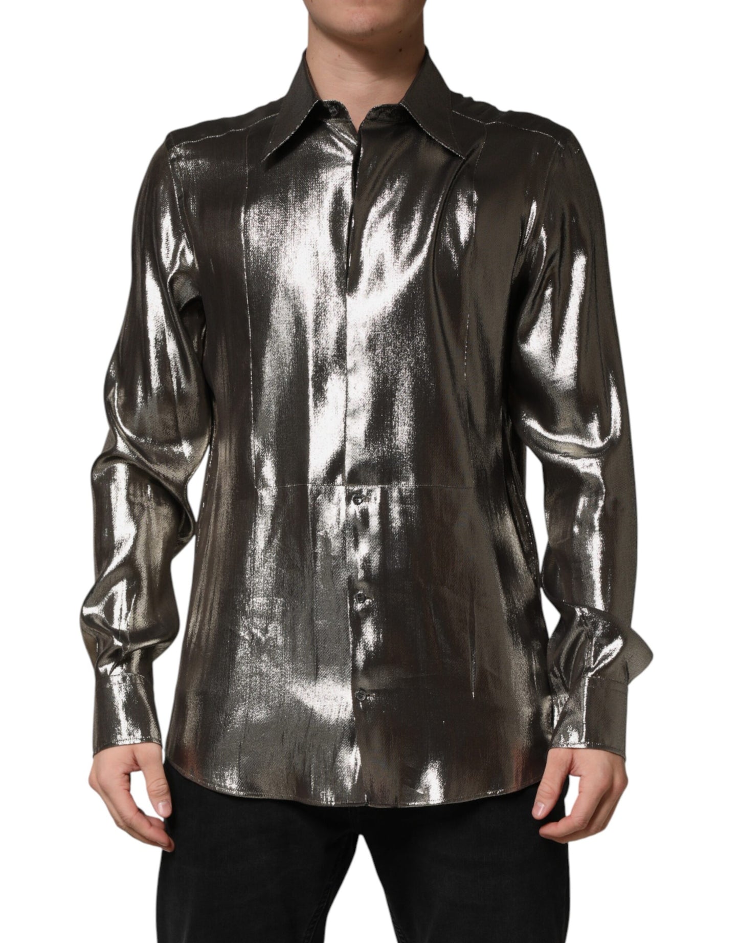 Dolce & Gabbana Silver Silk GOLD Collared Dress Formal Shirt