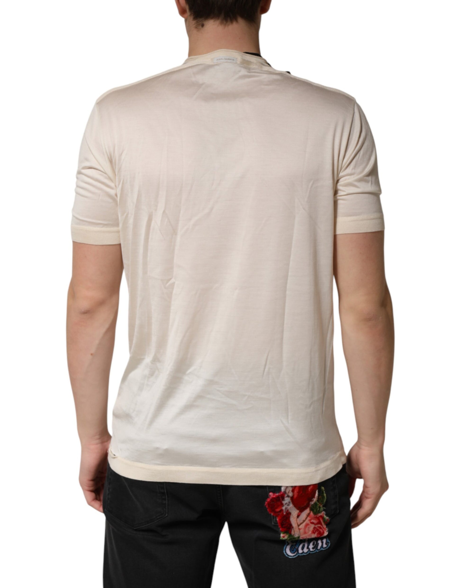 Dolce & Gabbana Off White Silk Logo Patch Men Henley T-shirt