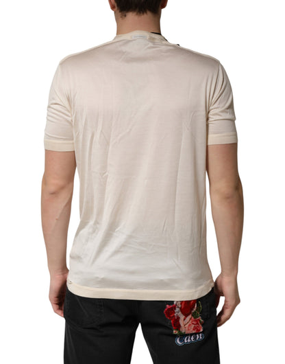 Dolce & Gabbana Off White Silk Logo Patch Men Henley T-shirt