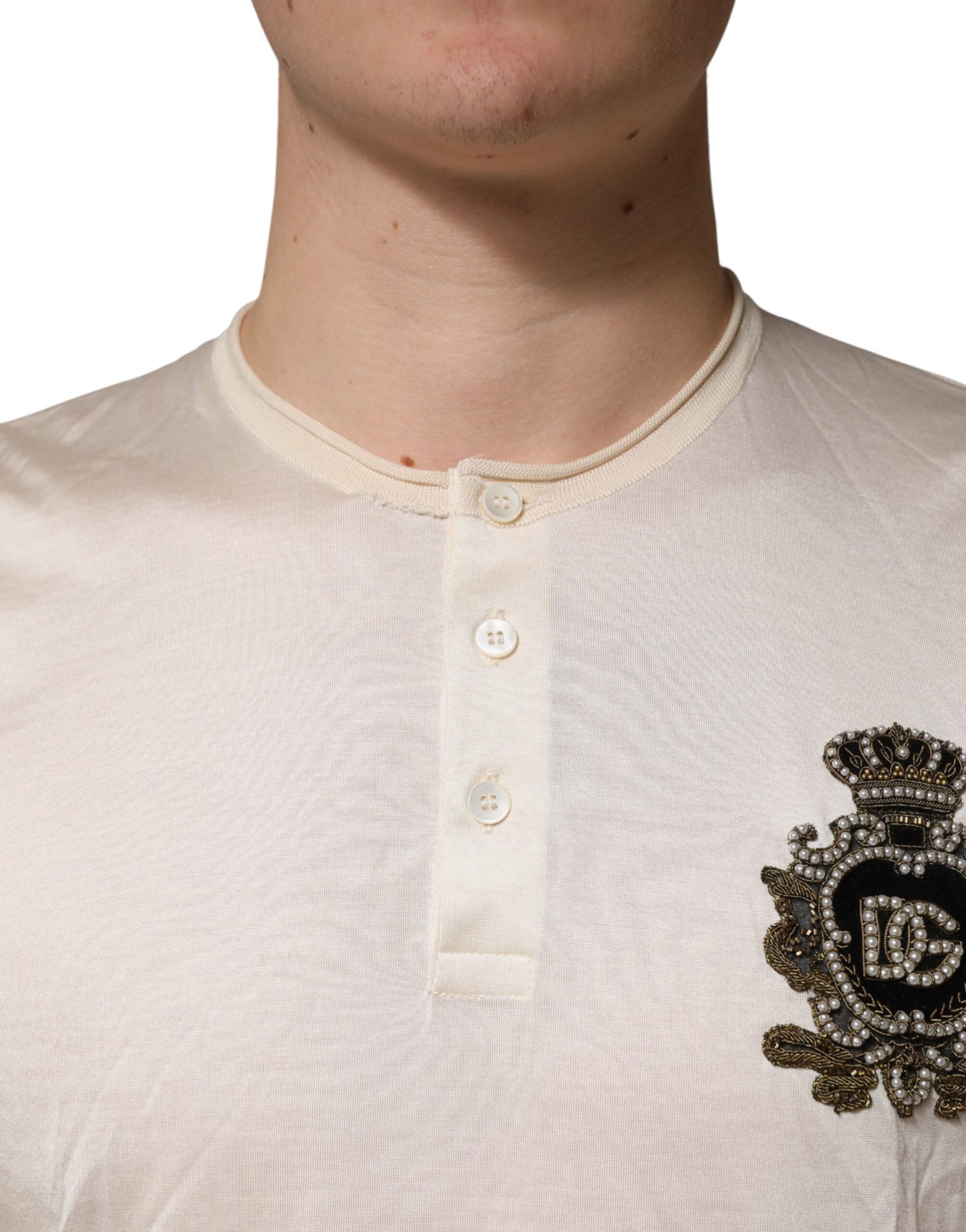 Dolce & Gabbana Off White Silk Logo Patch Men Henley T-shirt