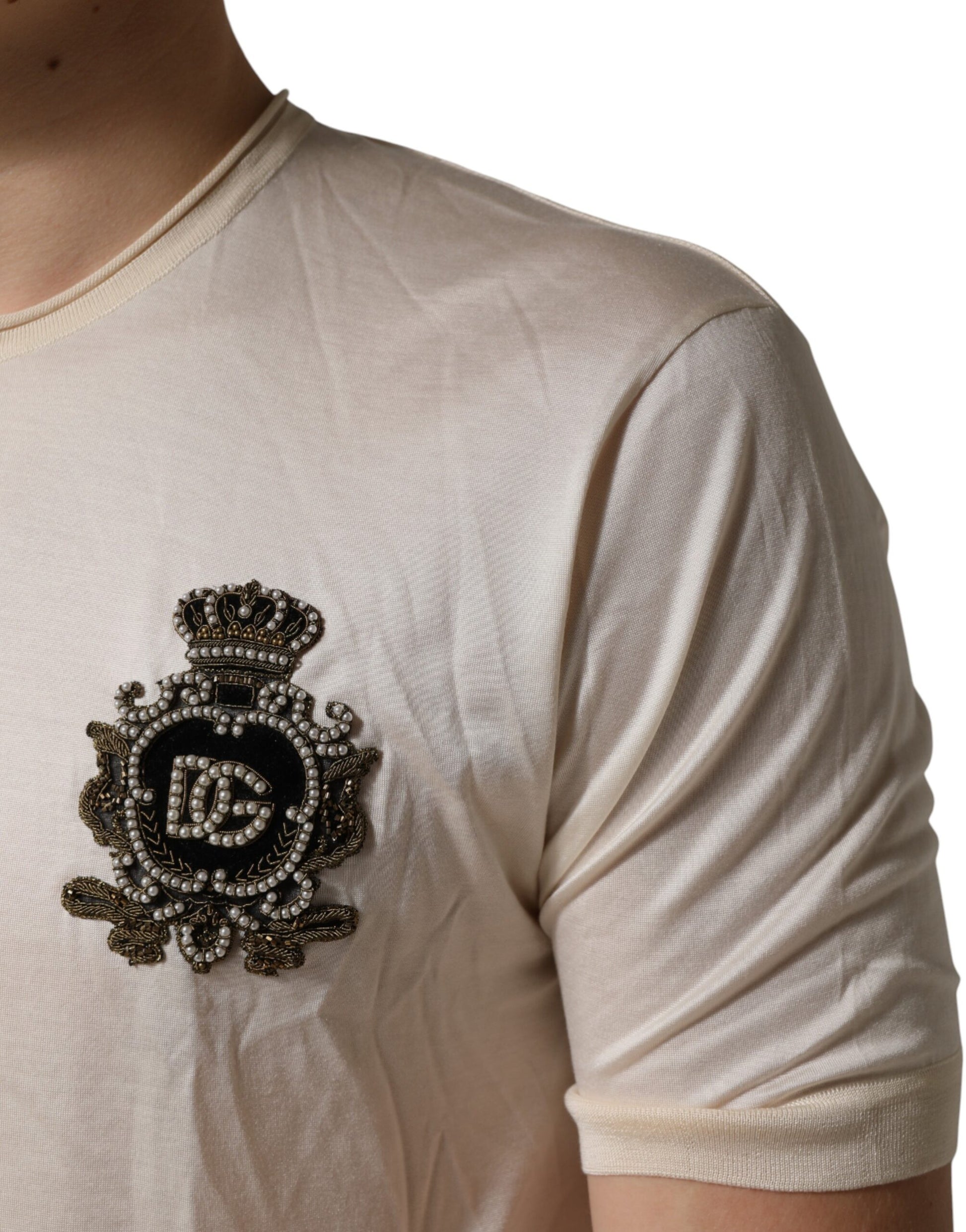 Dolce & Gabbana Off White Silk Logo Patch Men Henley T-shirt
