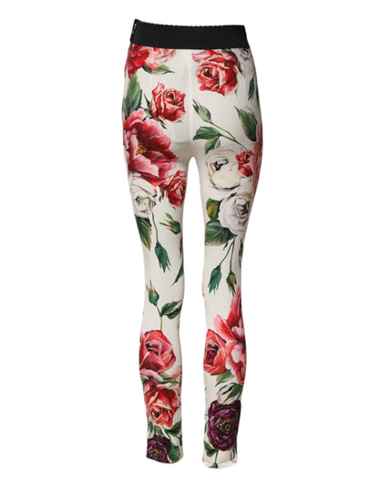 Dolce & Gabbana White Floral Leggings Stretch Waist Pants