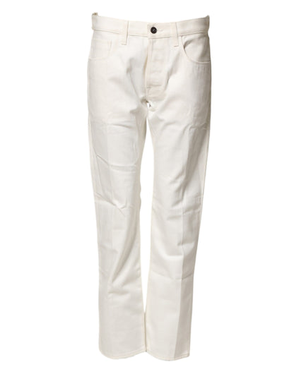 Fortela White Cotton Straight Denim Mid Waist Trouser Jeans