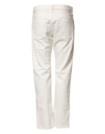 Fortela White Cotton Straight Denim Mid Waist Trouser Jeans