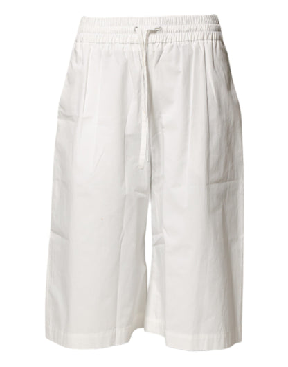 MSGM White Cotton High Waist Wide Leg Straight Bermuda Shorts