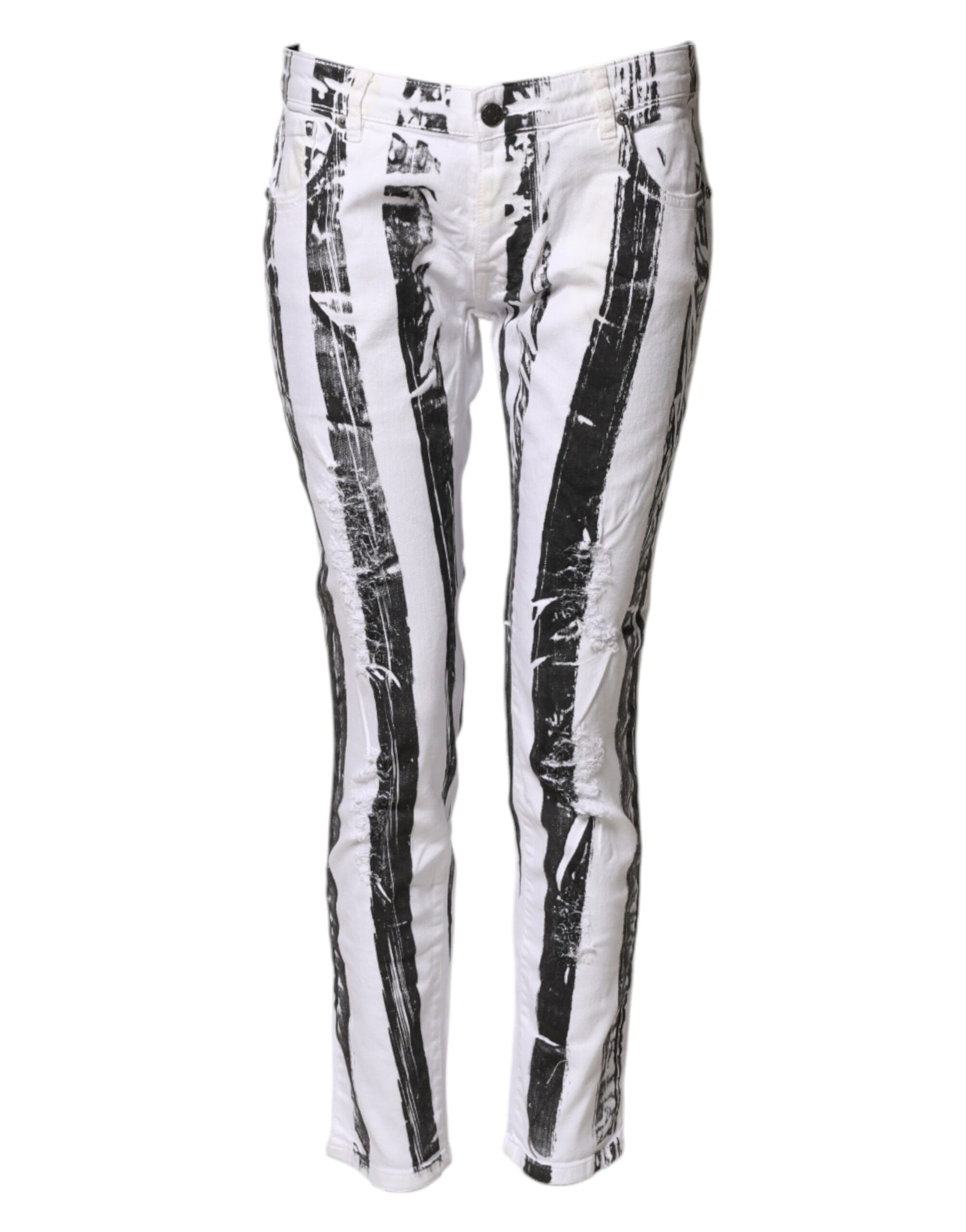 Gaelle Paris Black White Stripes Mid Waist Cropped Capri Jeans