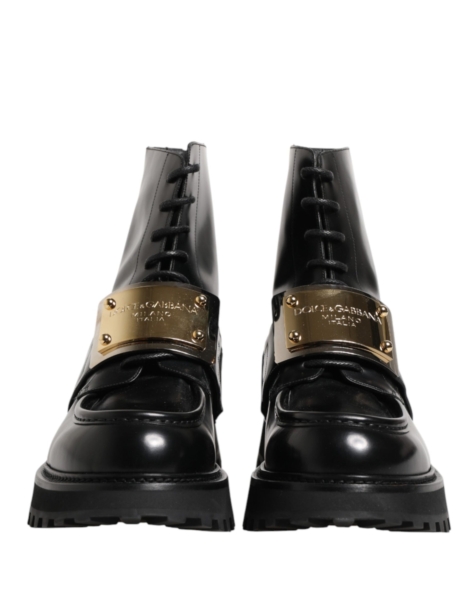 Dolce & Gabbana Black Leather DG Plaque Lace Up Boots