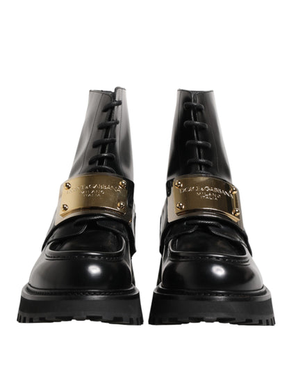 Dolce & Gabbana Black Leather DG Plaque Lace Up Boots