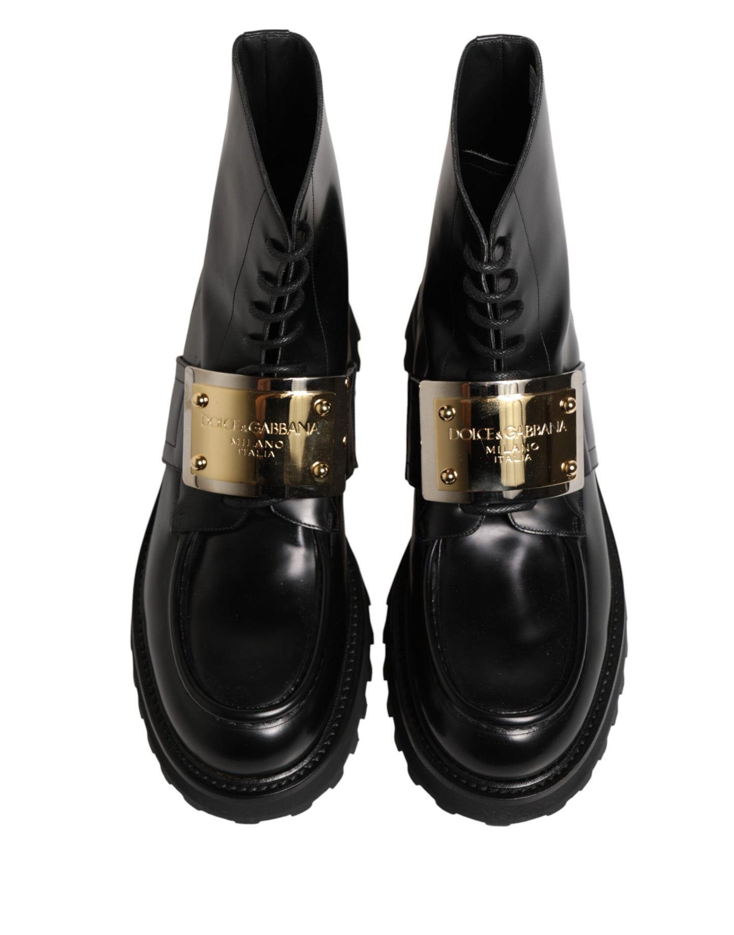 Dolce & Gabbana Black Leather DG Plaque Lace Up Boots