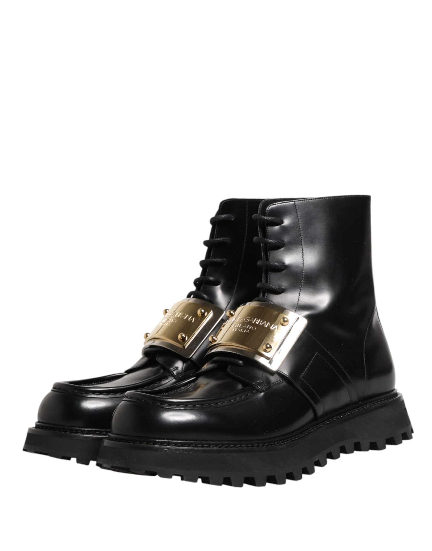 Dolce & Gabbana Black Leather DG Plaque Lace Up Boots