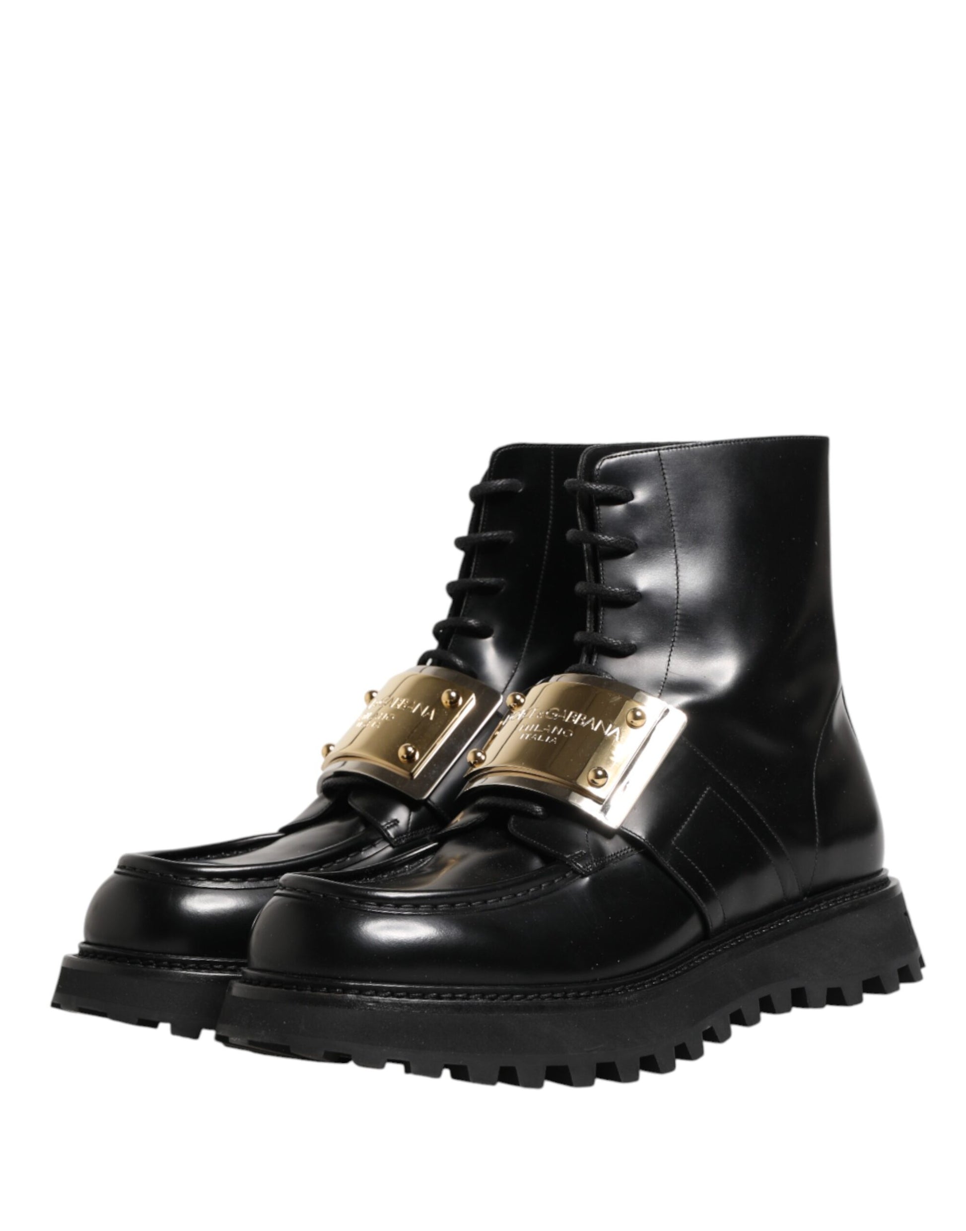 Dolce & Gabbana Black Leather DG Plaque Lace Up Boots