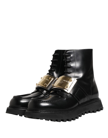 Dolce & Gabbana Black Leather DG Plaque Lace Up Boots