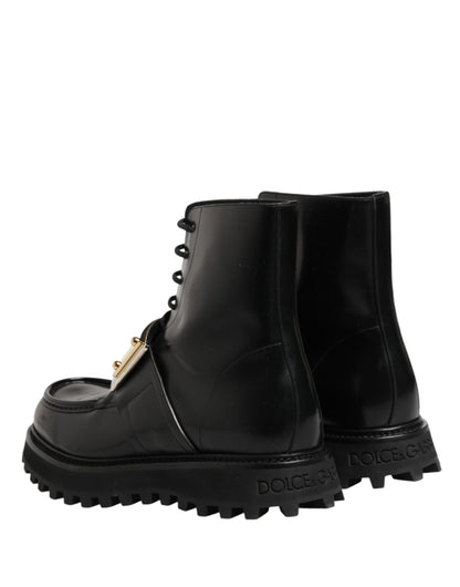 Dolce & Gabbana Black Leather DG Plaque Lace Up Boots