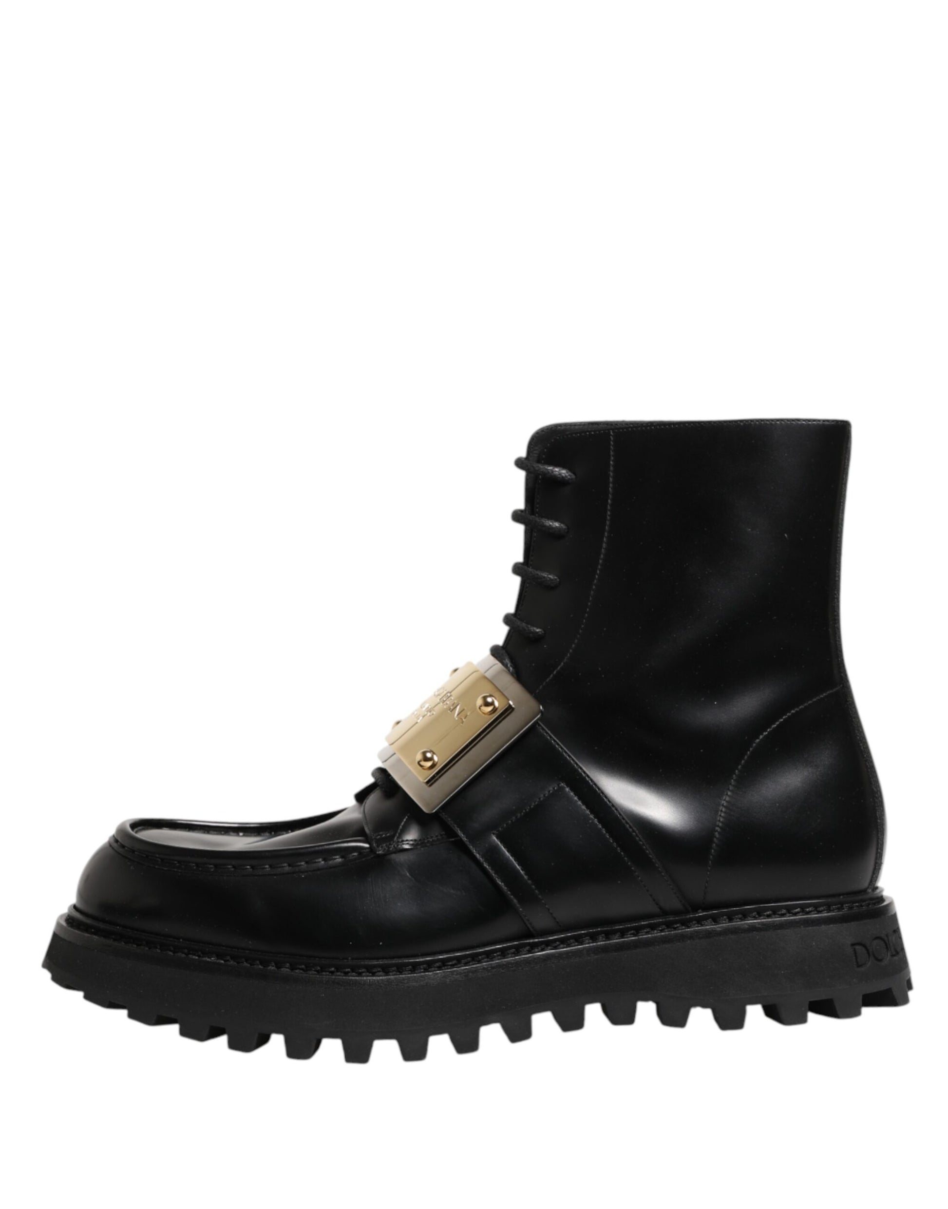 Dolce & Gabbana Black Leather DG Plaque Lace Up Boots
